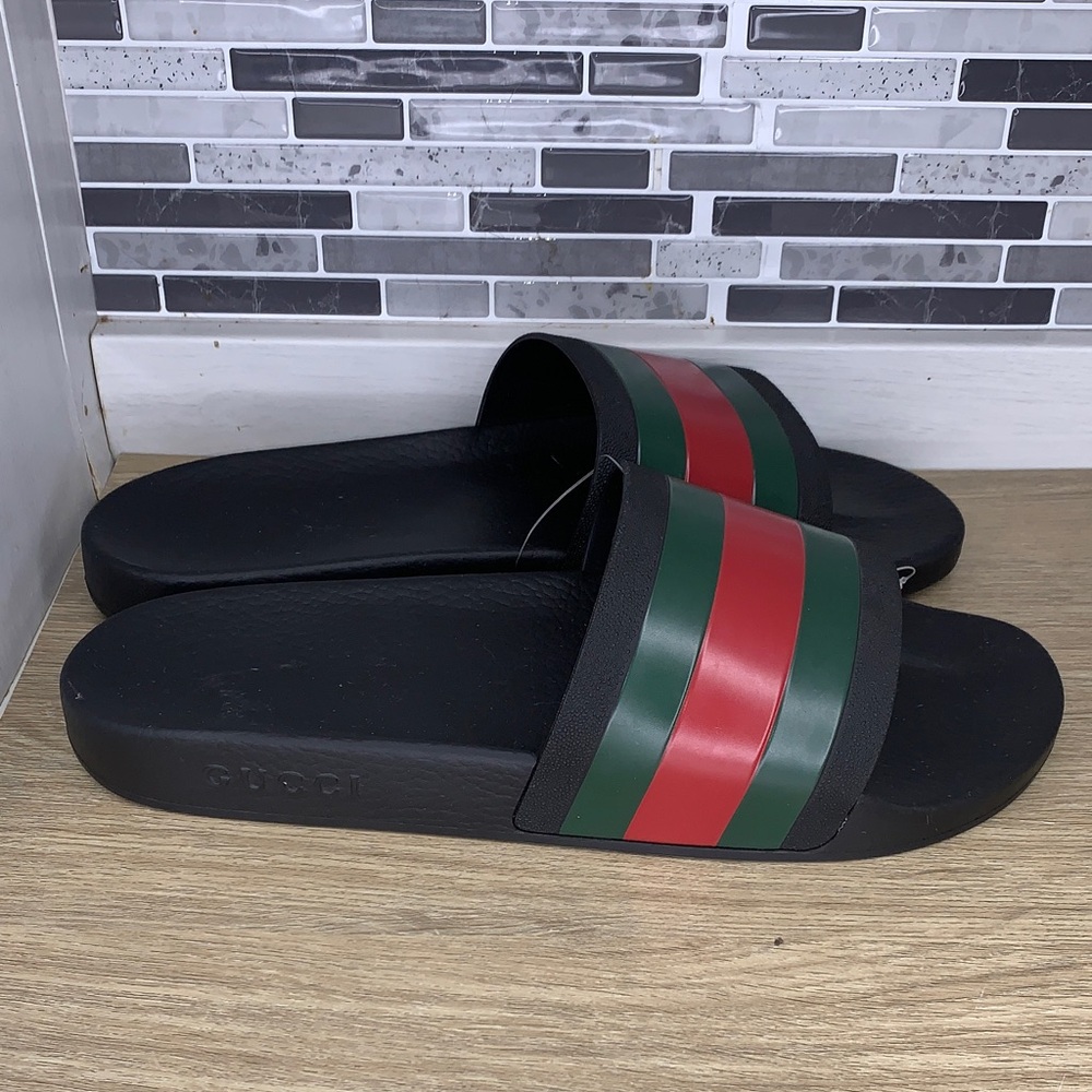 Gucci Black Slides with Red and Green Web Stripe